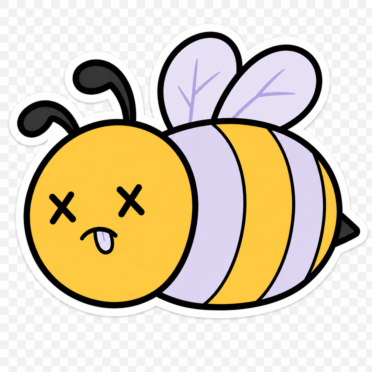 A playful cartoon bee lying down with X-shaped eyes